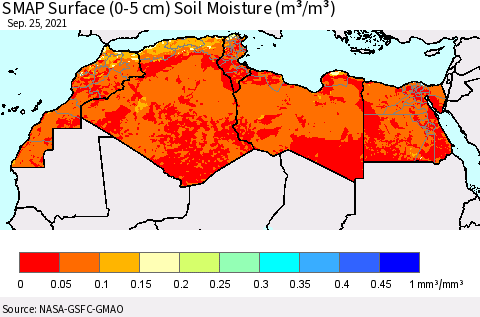 North Africa SMAP Surface (0-5 cm) Soil Moisture (m³/m³) Thematic Map For 9/21/2021 - 9/25/2021