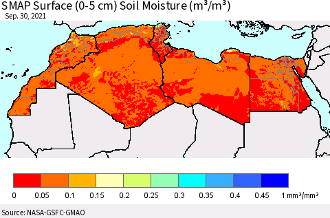North Africa SMAP Surface (0-5 cm) Soil Moisture (m³/m³) Thematic Map For 9/26/2021 - 9/30/2021