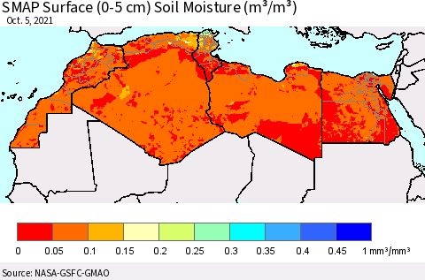 North Africa SMAP Surface (0-5 cm) Soil Moisture (m³/m³) Thematic Map For 10/1/2021 - 10/5/2021