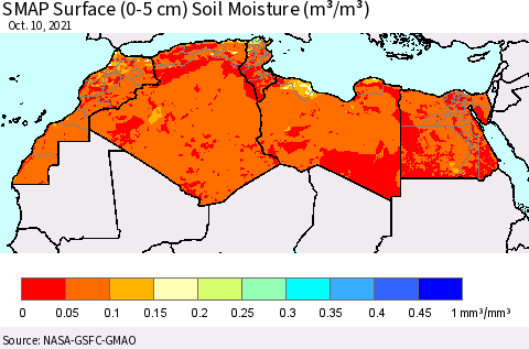 North Africa SMAP Surface (0-5 cm) Soil Moisture (m³/m³) Thematic Map For 10/6/2021 - 10/10/2021