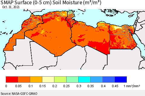 North Africa SMAP Surface (0-5 cm) Soil Moisture (m³/m³) Thematic Map For 10/26/2021 - 10/31/2021
