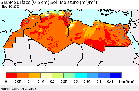 North Africa SMAP Surface (0-5 cm) Soil Moisture (m³/m³) Thematic Map For 11/6/2021 - 11/10/2021