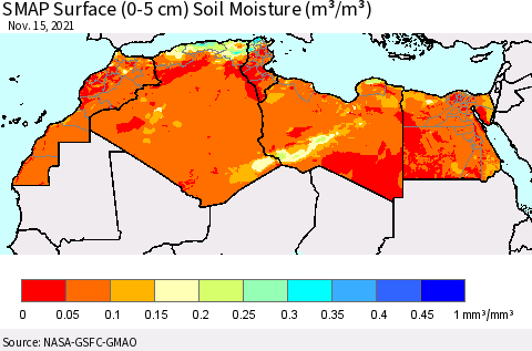 North Africa SMAP Surface (0-5 cm) Soil Moisture (m³/m³) Thematic Map For 11/11/2021 - 11/15/2021
