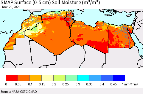 North Africa SMAP Surface (0-5 cm) Soil Moisture (m³/m³) Thematic Map For 11/16/2021 - 11/20/2021