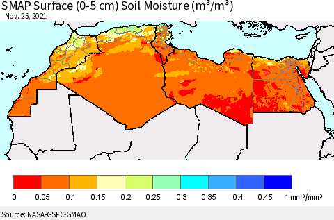 North Africa SMAP Surface (0-5 cm) Soil Moisture (m³/m³) Thematic Map For 11/21/2021 - 11/25/2021