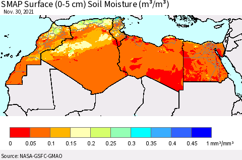 North Africa SMAP Surface (0-5 cm) Soil Moisture (m³/m³) Thematic Map For 11/26/2021 - 11/30/2021