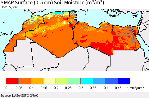 North Africa SMAP Surface (0-5 cm) Soil Moisture (m³/m³) Thematic Map For 12/1/2021 - 12/5/2021