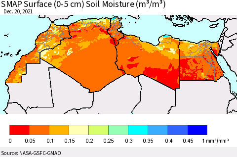 North Africa SMAP Surface (0-5 cm) Soil Moisture (m³/m³) Thematic Map For 12/16/2021 - 12/20/2021