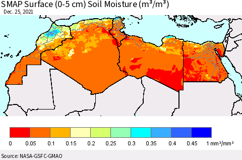North Africa SMAP Surface (0-5 cm) Soil Moisture (m³/m³) Thematic Map For 12/21/2021 - 12/25/2021