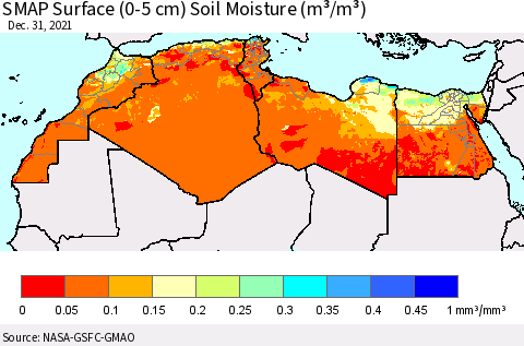 North Africa SMAP Surface (0-5 cm) Soil Moisture (m³/m³) Thematic Map For 12/26/2021 - 12/31/2021