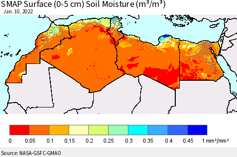 North Africa SMAP Surface (0-5 cm) Soil Moisture (m³/m³) Thematic Map For 1/6/2022 - 1/10/2022