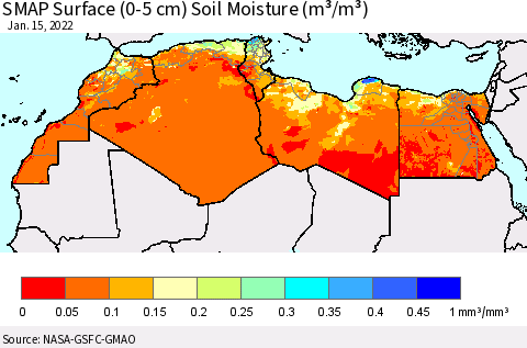 North Africa SMAP Surface (0-5 cm) Soil Moisture (m³/m³) Thematic Map For 1/11/2022 - 1/15/2022
