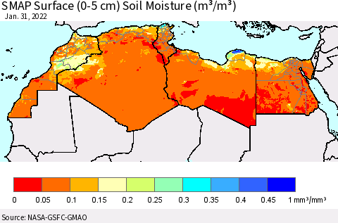 North Africa SMAP Surface (0-5 cm) Soil Moisture (m³/m³) Thematic Map For 1/26/2022 - 1/31/2022