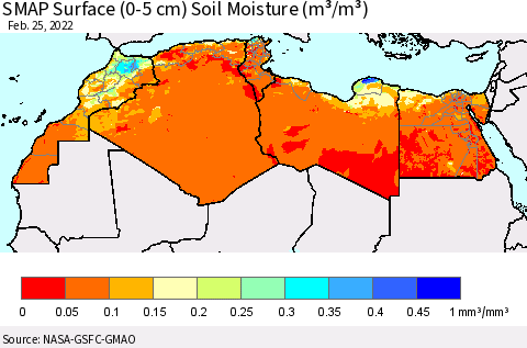 North Africa SMAP Surface (0-5 cm) Soil Moisture (m³/m³) Thematic Map For 2/21/2022 - 2/25/2022