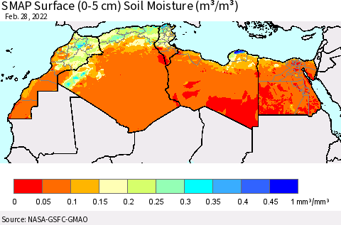 North Africa SMAP Surface (0-5 cm) Soil Moisture (m³/m³) Thematic Map For 2/26/2022 - 2/28/2022
