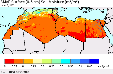 North Africa SMAP Surface (0-5 cm) Soil Moisture (m³/m³) Thematic Map For 3/1/2022 - 3/5/2022