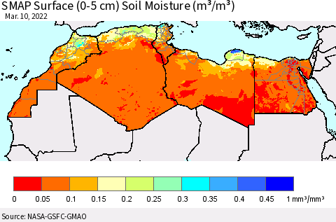 North Africa SMAP Surface (0-5 cm) Soil Moisture (m³/m³) Thematic Map For 3/6/2022 - 3/10/2022