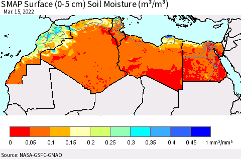 North Africa SMAP Surface (0-5 cm) Soil Moisture (m³/m³) Thematic Map For 3/11/2022 - 3/15/2022