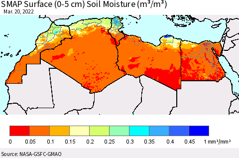 North Africa SMAP Surface (0-5 cm) Soil Moisture (m³/m³) Thematic Map For 3/16/2022 - 3/20/2022