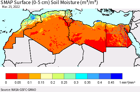 North Africa SMAP Surface (0-5 cm) Soil Moisture (m³/m³) Thematic Map For 3/21/2022 - 3/25/2022