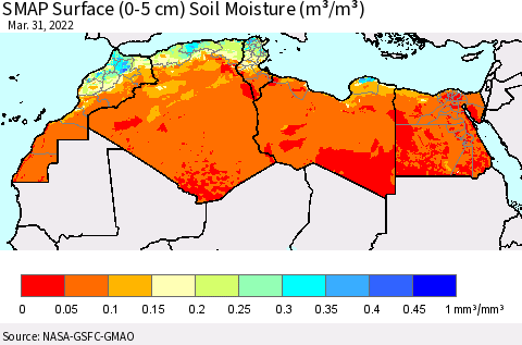 North Africa SMAP Surface (0-5 cm) Soil Moisture (m³/m³) Thematic Map For 3/26/2022 - 3/31/2022