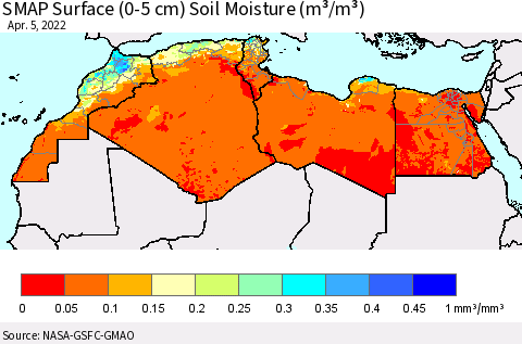 North Africa SMAP Surface (0-5 cm) Soil Moisture (m³/m³) Thematic Map For 4/1/2022 - 4/5/2022