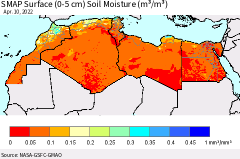 North Africa SMAP Surface (0-5 cm) Soil Moisture (m³/m³) Thematic Map For 4/6/2022 - 4/10/2022
