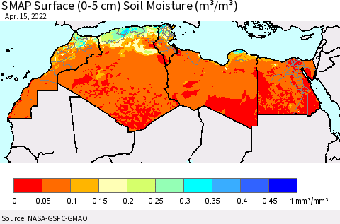 North Africa SMAP Surface (0-5 cm) Soil Moisture (m³/m³) Thematic Map For 4/11/2022 - 4/15/2022