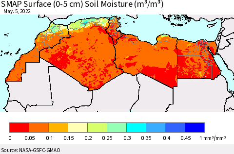 North Africa SMAP Surface (0-5 cm) Soil Moisture (m³/m³) Thematic Map For 5/1/2022 - 5/5/2022