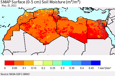 North Africa SMAP Surface (0-5 cm) Soil Moisture (m³/m³) Thematic Map For 5/21/2022 - 5/25/2022