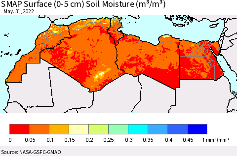 North Africa SMAP Surface (0-5 cm) Soil Moisture (m³/m³) Thematic Map For 5/26/2022 - 5/31/2022