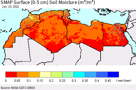 North Africa SMAP Surface (0-5 cm) Soil Moisture (m³/m³) Thematic Map For 6/6/2022 - 6/10/2022