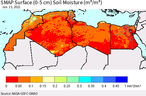 North Africa SMAP Surface (0-5 cm) Soil Moisture (m³/m³) Thematic Map For 6/11/2022 - 6/15/2022
