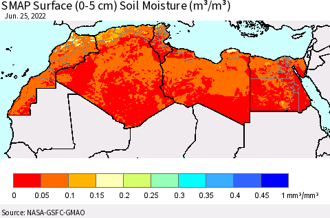 North Africa SMAP Surface (0-5 cm) Soil Moisture (m³/m³) Thematic Map For 6/21/2022 - 6/25/2022