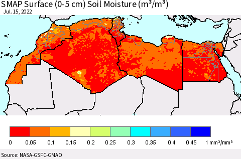 North Africa SMAP Surface (0-5 cm) Soil Moisture (m³/m³) Thematic Map For 7/11/2022 - 7/15/2022