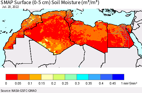North Africa SMAP Surface (0-5 cm) Soil Moisture (m³/m³) Thematic Map For 7/16/2022 - 7/20/2022