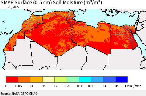 North Africa SMAP Surface (0-5 cm) Soil Moisture (m³/m³) Thematic Map For 7/21/2022 - 7/25/2022