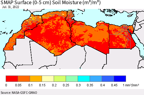 North Africa SMAP Surface (0-5 cm) Soil Moisture (m³/m³) Thematic Map For 7/26/2022 - 7/31/2022