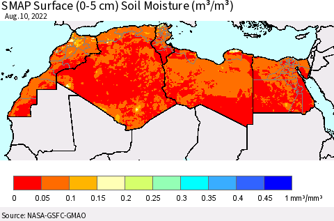 North Africa SMAP Surface (0-5 cm) Soil Moisture (m³/m³) Thematic Map For 8/6/2022 - 8/10/2022