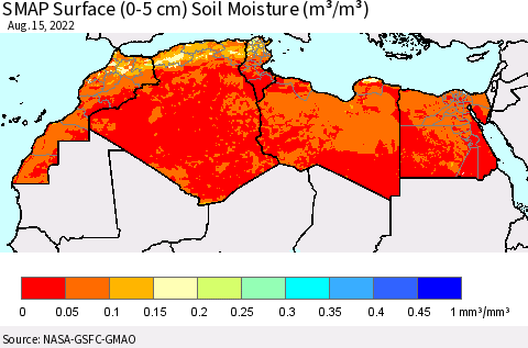 North Africa SMAP Surface (0-5 cm) Soil Moisture (m³/m³) Thematic Map For 8/11/2022 - 8/15/2022