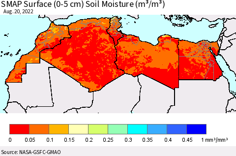 North Africa SMAP Surface (0-5 cm) Soil Moisture (m³/m³) Thematic Map For 8/16/2022 - 8/20/2022