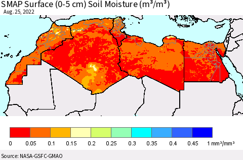 North Africa SMAP Surface (0-5 cm) Soil Moisture (m³/m³) Thematic Map For 8/21/2022 - 8/25/2022