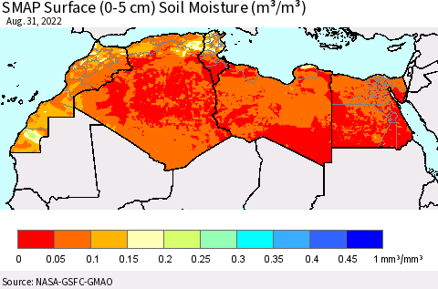 North Africa SMAP Surface (0-5 cm) Soil Moisture (m³/m³) Thematic Map For 8/26/2022 - 8/31/2022