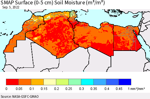 North Africa SMAP Surface (0-5 cm) Soil Moisture (m³/m³) Thematic Map For 9/1/2022 - 9/5/2022