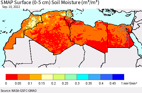 North Africa SMAP Surface (0-5 cm) Soil Moisture (m³/m³) Thematic Map For 9/6/2022 - 9/10/2022
