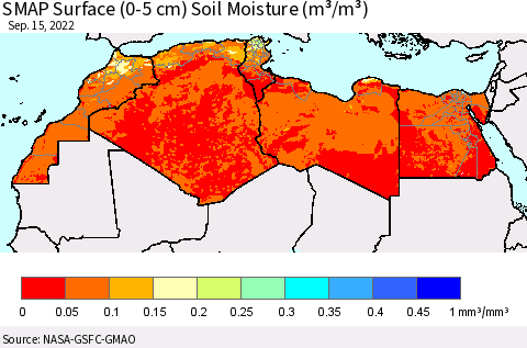 North Africa SMAP Surface (0-5 cm) Soil Moisture (m³/m³) Thematic Map For 9/11/2022 - 9/15/2022