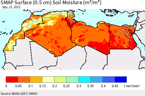 North Africa SMAP Surface (0-5 cm) Soil Moisture (m³/m³) Thematic Map For 9/21/2022 - 9/25/2022