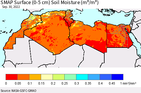 North Africa SMAP Surface (0-5 cm) Soil Moisture (m³/m³) Thematic Map For 9/26/2022 - 9/30/2022