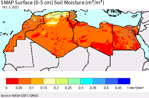 North Africa SMAP Surface (0-5 cm) Soil Moisture (m³/m³) Thematic Map For 10/1/2022 - 10/5/2022