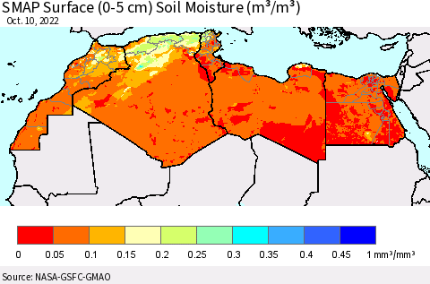 North Africa SMAP Surface (0-5 cm) Soil Moisture (m³/m³) Thematic Map For 10/6/2022 - 10/10/2022